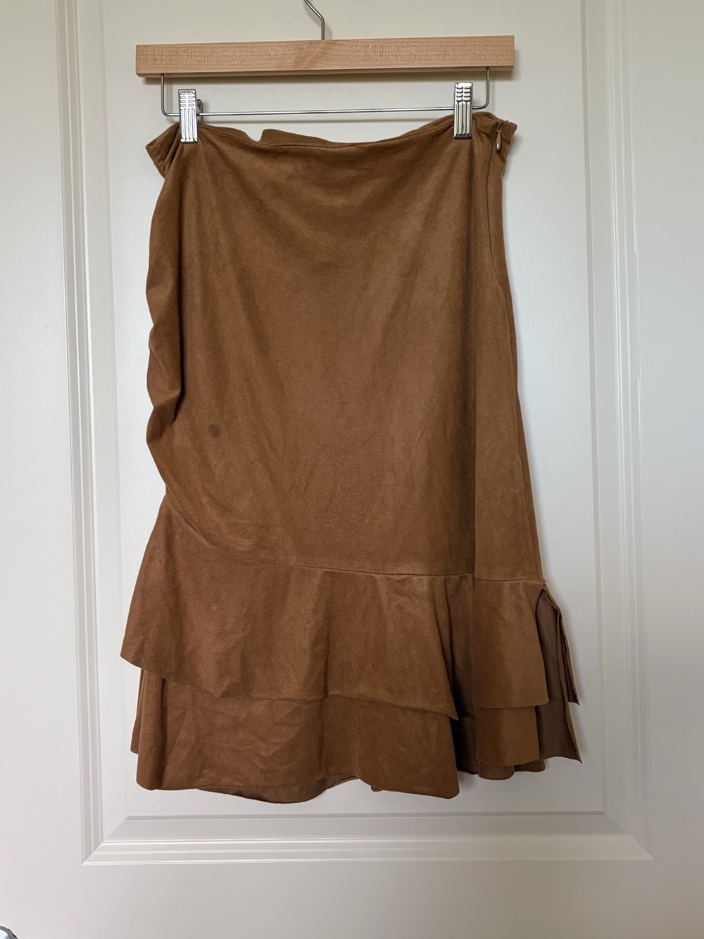 BEBE Faux Suede Midi Skirt with Ruffle Hem - Brown